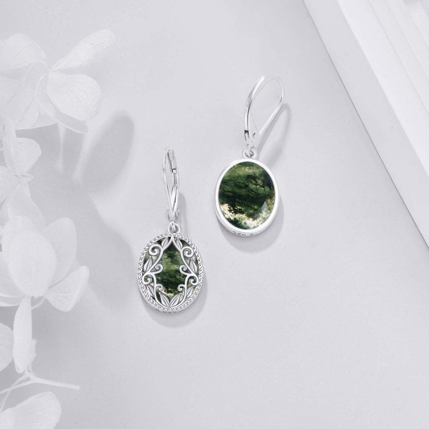 Moss Agate Drop Earrings Sterling Silver Agate Oval Leverback Earrings Natural Stone Dangle Earrings Jewelry Christmas Gifts For Women