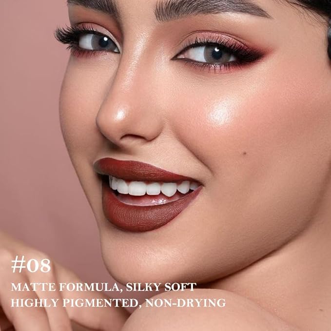 evpct Dark Wine Red Gradient Matte Lipstick Lip Liner Crayon Combo Pencil Set for Women Long Lasting Waterproof, Deep Red Matte Cream Lip Liner and Lipstick Combo Makeup, Flawless Gradual Ombre Effect