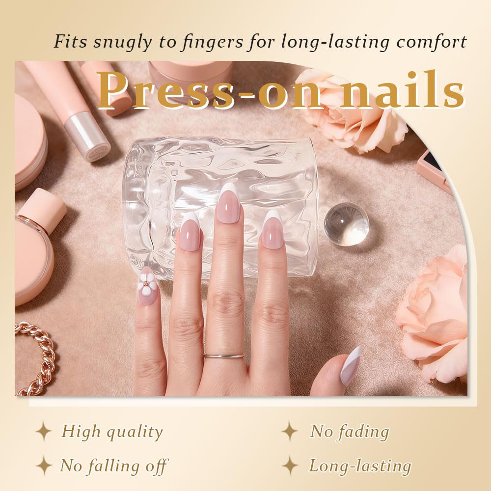 evpct French Tip Press On Nails Short Almond No Glue, Nude Wihte Tips & 3D Flowers, Glossy Short Almond Fake False Press on Nails, Soft Stick on nail Press ons with Nail Kit, Reusable Salon-quality