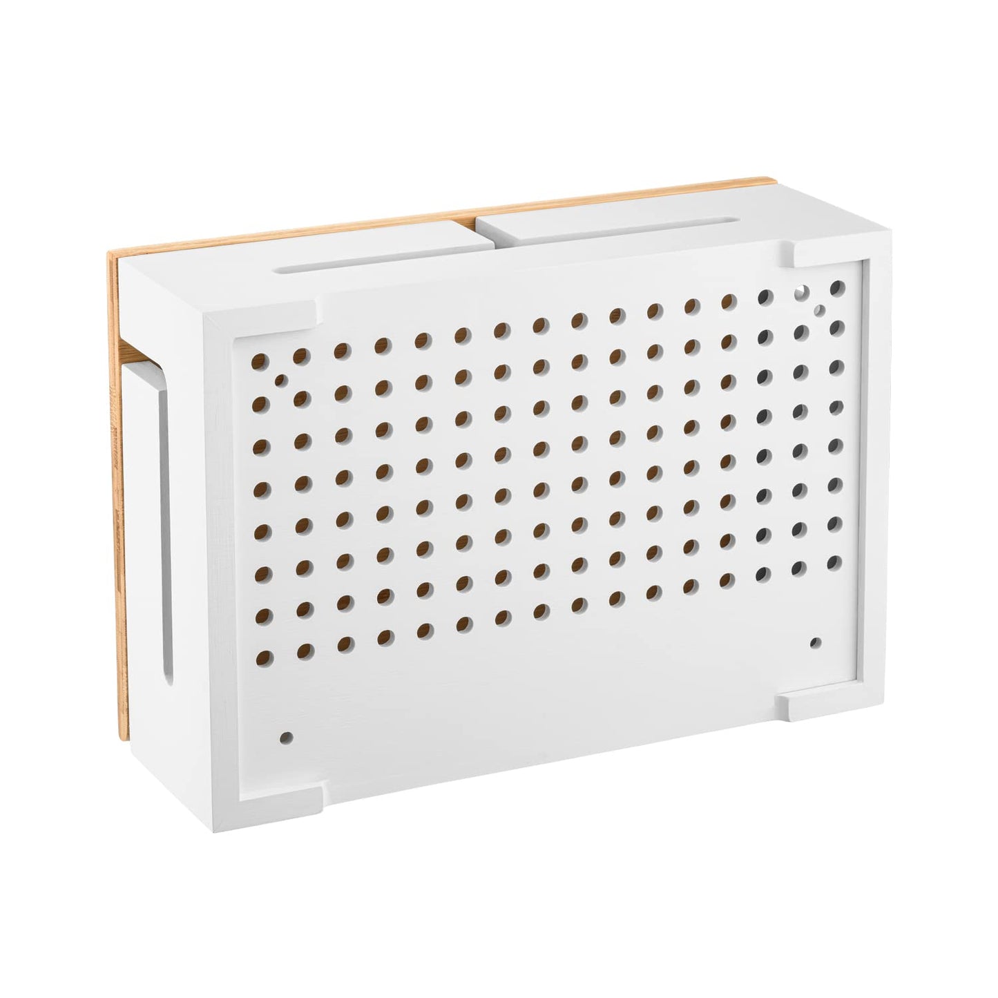 Bamboo Cable Management Box with Magnetic Lid - 12,6x7,8x4.3 in - Durable Cable Organizer to Hide Cords & Power Strip - Wall Mountable - Including Hardware - for Home, Office, Desk & More (White)