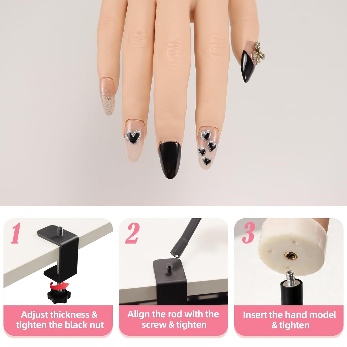 Practice Hand for Acrylic Nails,Flexible Bendable Mannequin Fake Hands with Clamp Stand to Practice Fake Nails for Nail Art