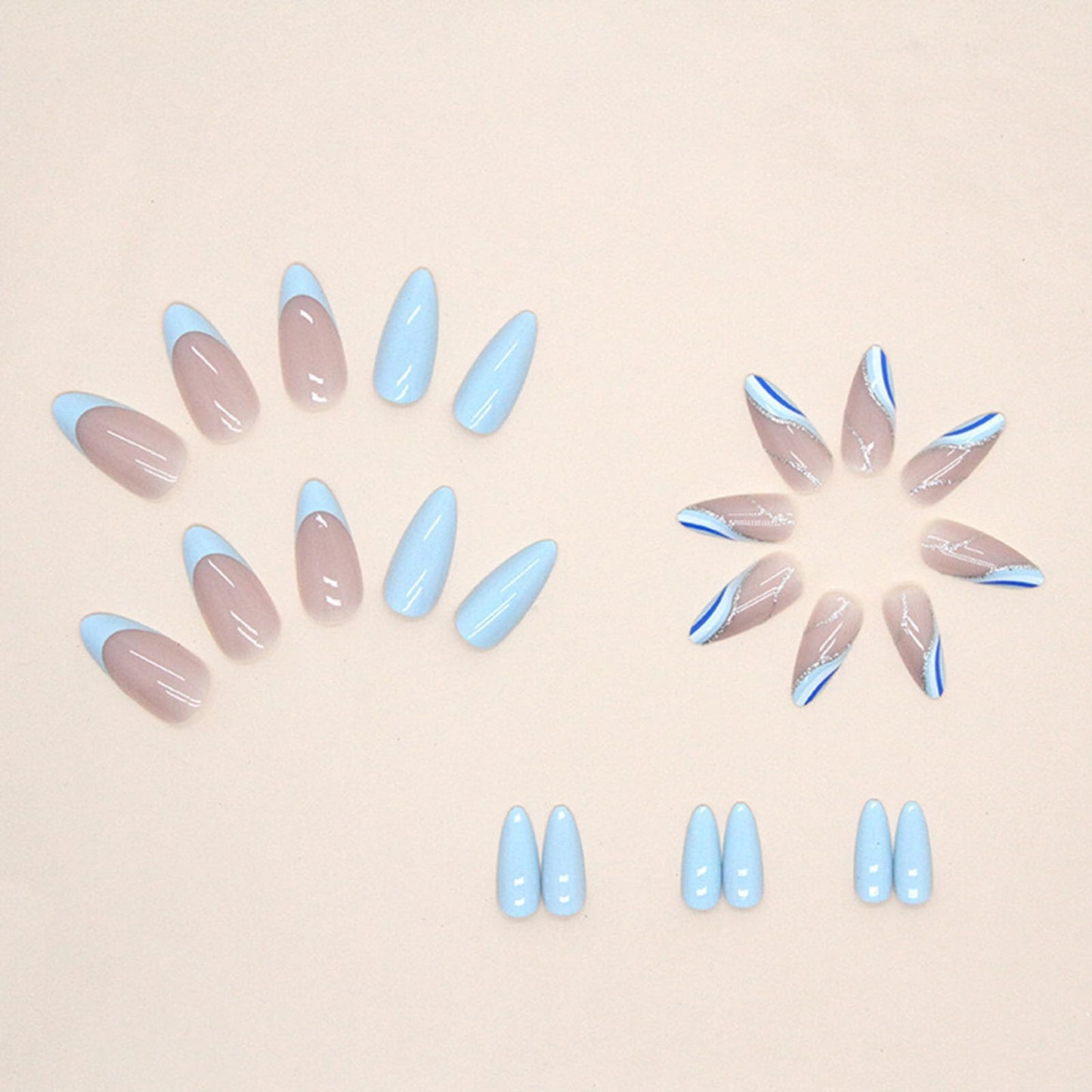 FJSMTOPl Blue Press on Nails Almond Fake Nails Press ons Medium False Nails with Designs Glitter Wave Acrylic Glue on Nails Artificial Stick on Nail for Women Manicure 24Pcs