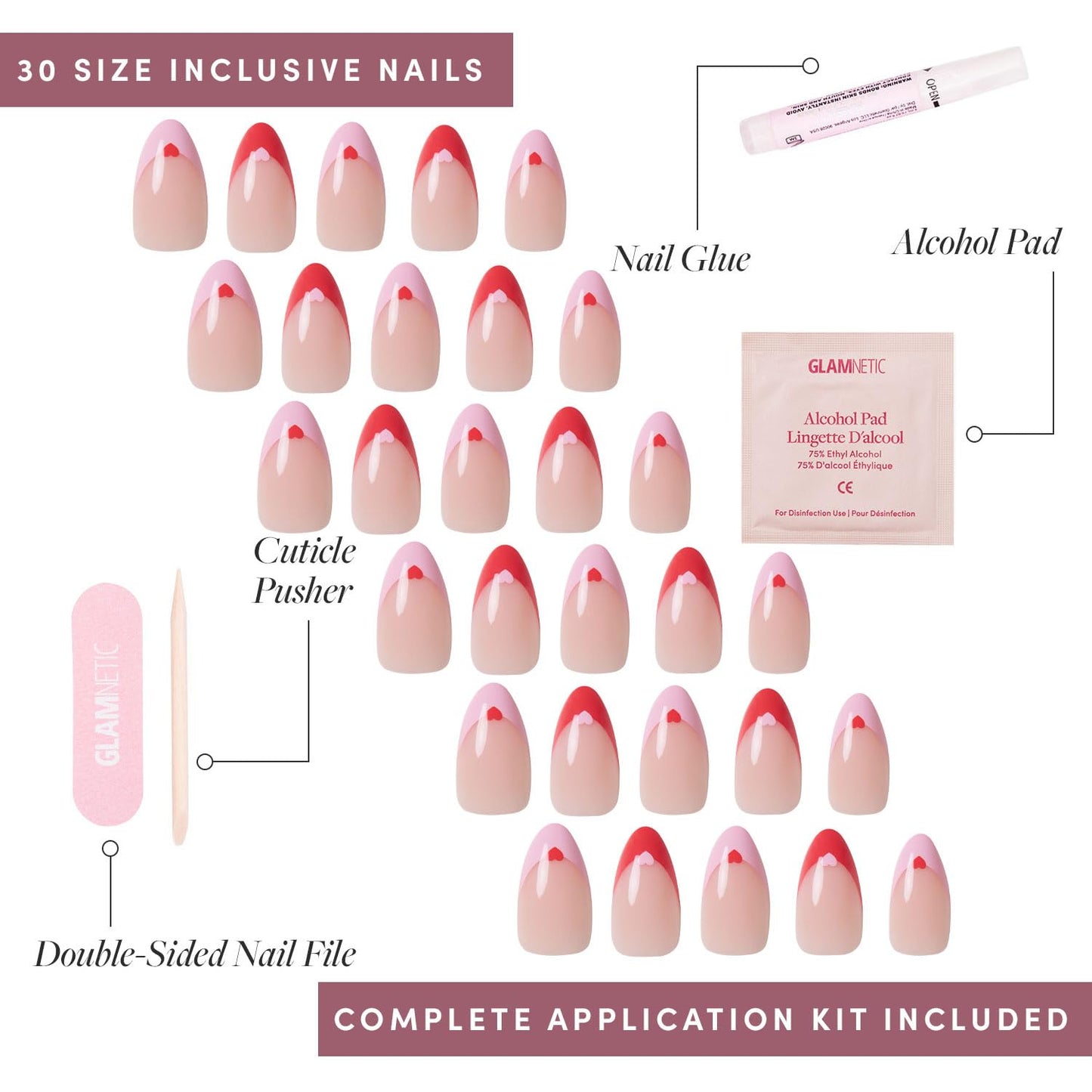 Glamnetic Press-On Nails & Adhesive Nail Tabs - Pure Hearted | Short Almond Fake Nails with Heart Accents | 15 Sizes - 30 Nail Kit with Adhesive Tabs