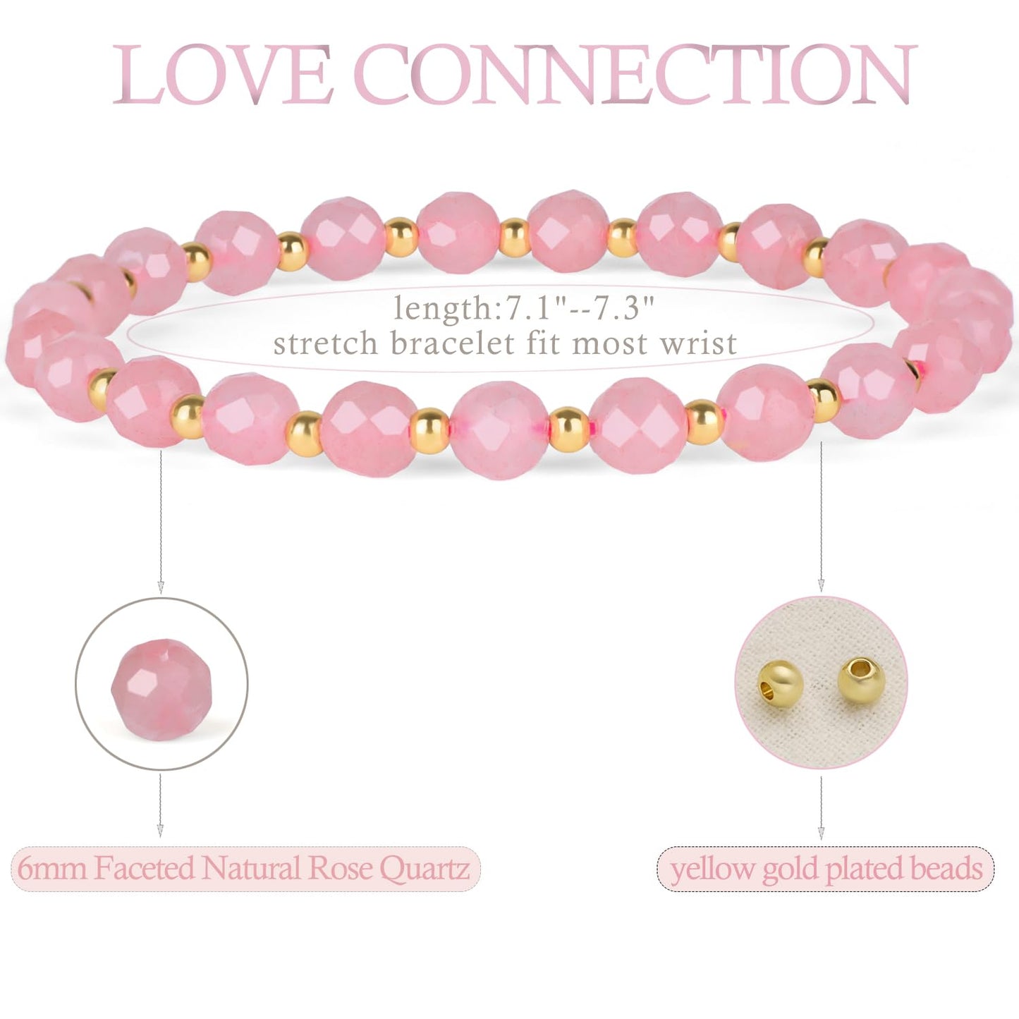 QOGIR Rose Quartz - Love Connection - 14K Gold Plated Beads Natural Gemstone Stretch Elastic Dainty Healing Beaded Bracelets Gifts 6mm
