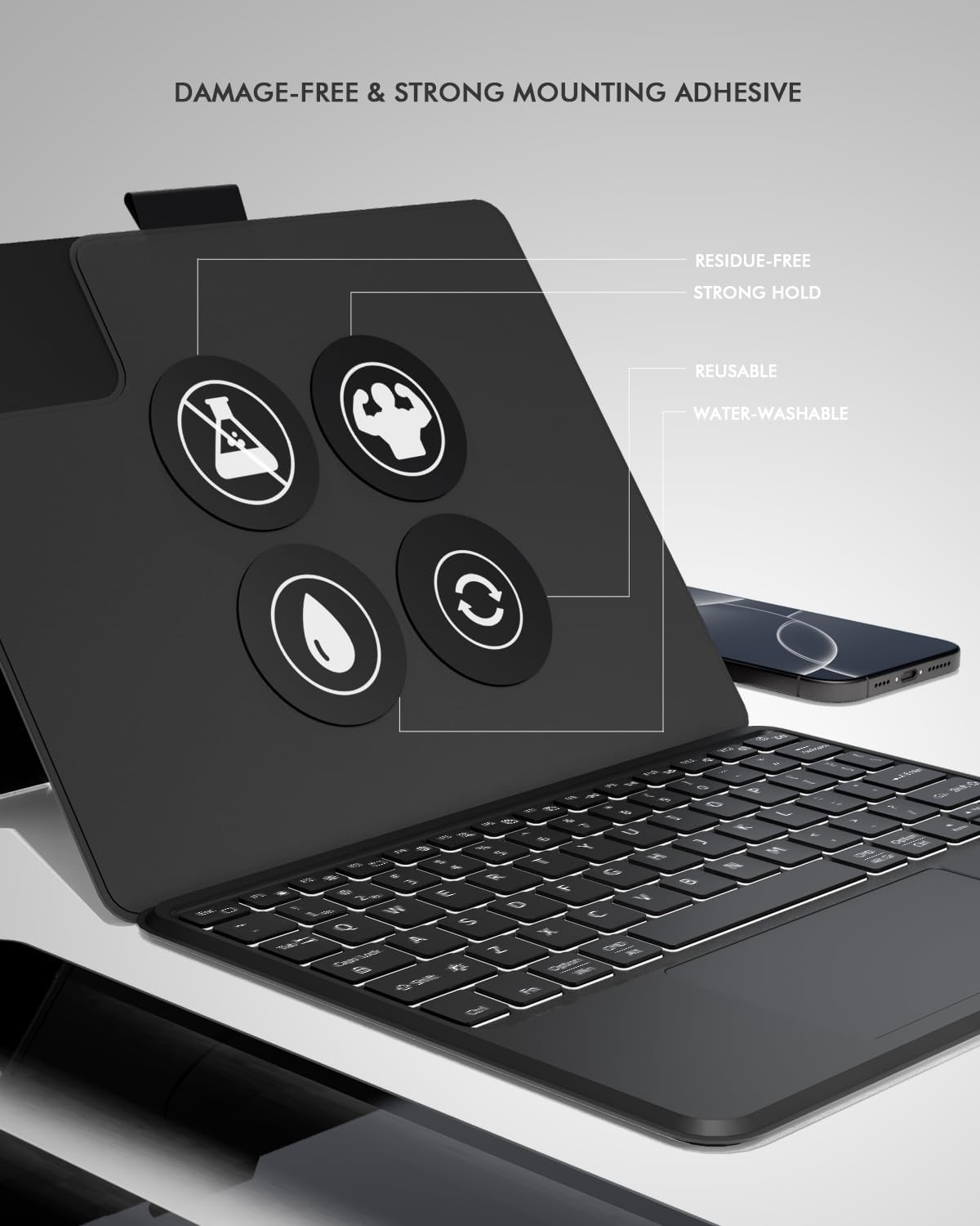 Universal Keyboard Case for 9-11 Inch Tablets, Bluetooth Detachable Keyboard for Android Tablets/iPads/Galaxy Tabs, Magnetic Backlit Keyboard with Washable Adhesive Mount & Any-Angle Stand & Trackpad