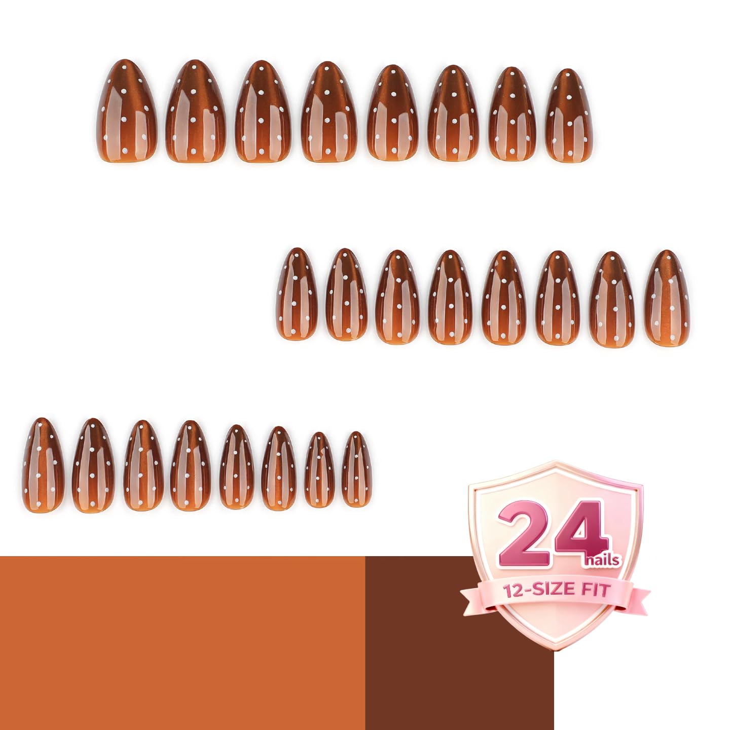 Glossy Brown Ombre Press-On Nails with White Dots, Almond Shape, 24PCS False Nails for Women, Durable & Easy to Apply, Salon-Quality Nail Art