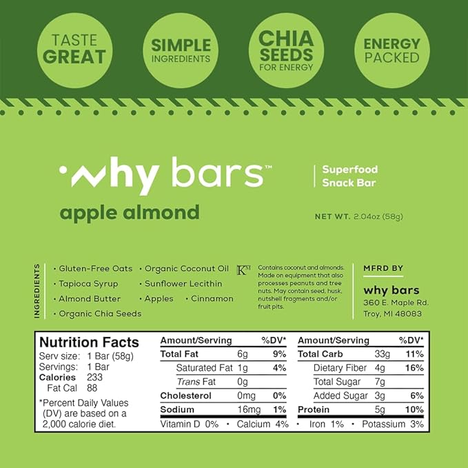 Protein Bars, Apple Almond, 2.04 Ounce Bars (Pack of 12 Protein Bars) - Protein Bar Superfood, Gluten Free, Non GMO, Organic, Vegan, Simple Ingredients