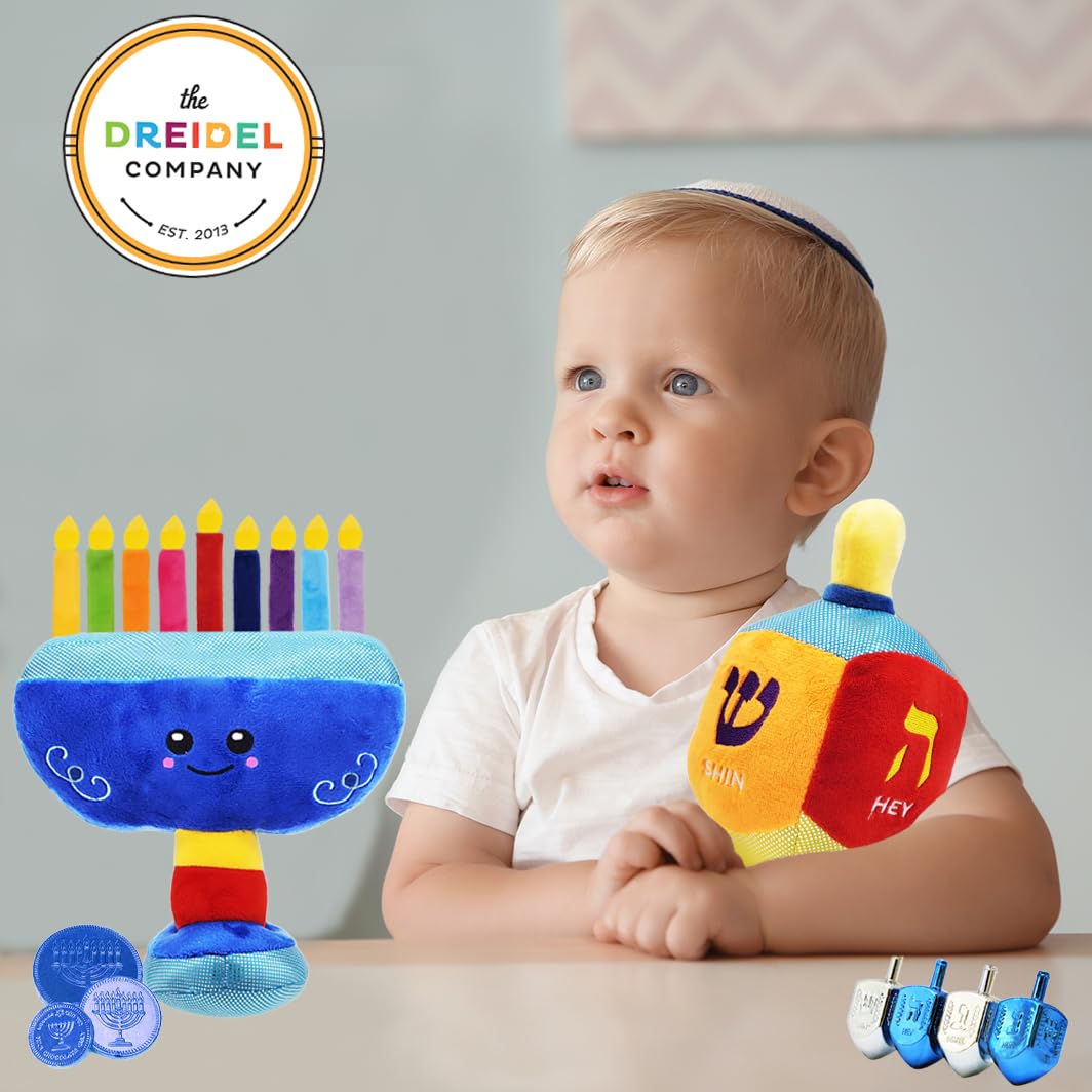Plush Hanukkah Menorah & Plush Dreidel Toy Musical Menorah Plays 2 Classic Hanukkah Melodies Includes Removable Chanukah Candles & Candle Bag with Rattle Dreidel