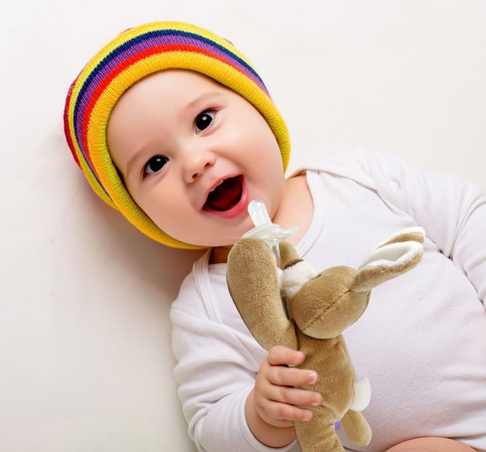 Detachable Rabbit Pacifier Holder - Soft Silicone Pacifier with Plush Animal - Removable, Machine Washable, BPA-Free for Babies 0-24 Months