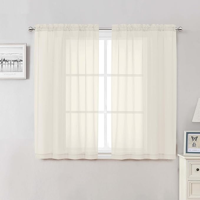 Lecloud Cream Sheer Curtains 50 Inch Length 2 Pcs, Rod Pocket Light Filtering Voile Rustic Farmhouse Bedroom Curtains, Airy Solid Window Drapes for Bathroom Basement, Each Panel 42" W x 50" L