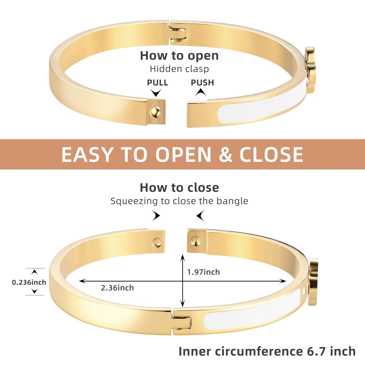 KYJAC 18k Gold Plated Stainless Steel Four Leaf Clover Bracelet for Women - Non-Tarnish, Precision Polished Chunky Oval Bangle in Black, White, Pink, Red Clover Bangle