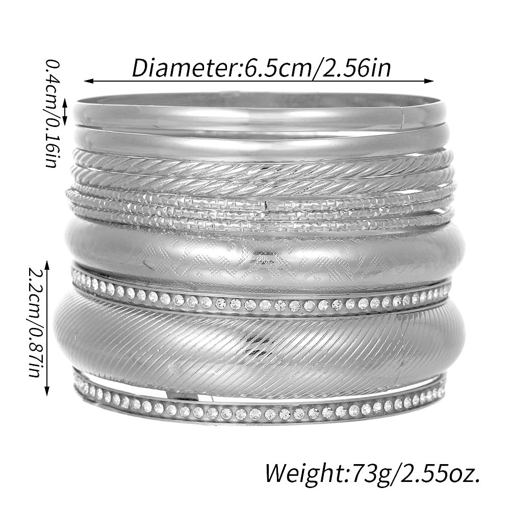 RINTOLER 10Pcs Silver Bangle Bracelets Set for Women - Multi Layer Stackable Textured Chunky Silver Bracelets Boho Jewelrys for Women. (H set 9pc Silver)