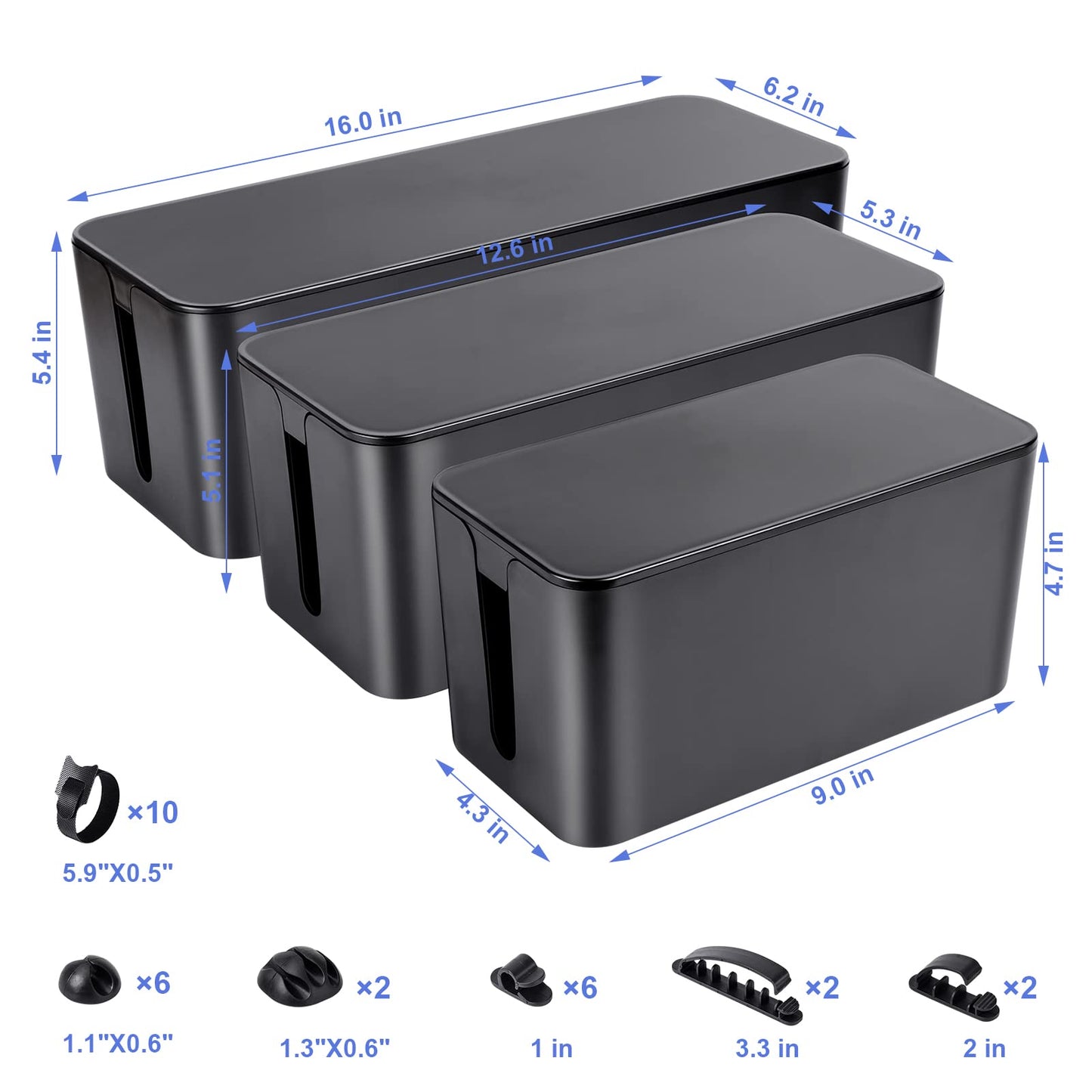 Cable Organizer Box Set of Three, Power Cover Cord Holder Surge Protector for Desk (Black)