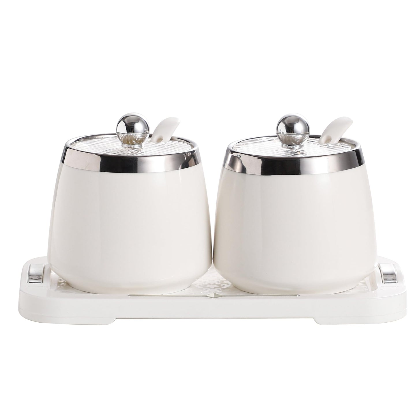 shuqiao Porcelain Condiment Jar Spice Container with Lid - Ceramic Spoon, Plastic Tray is the best clay pot for your home, kitchen, counter. White, 280 ml (9.4 oz), 2-piece set (3, Square)