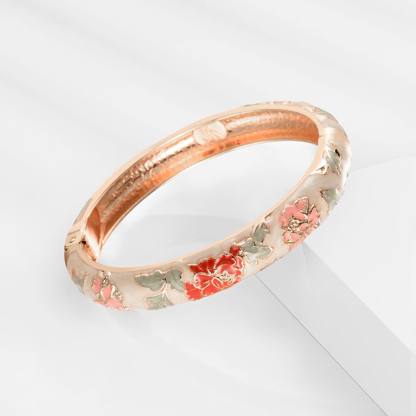 UJOY Vintage Bracelet Plated Enameled Jewelry Spring Hinge Metal Cuff Cloisonne Bangles Set Gift Box Packed 55A18-55A113 Cream White