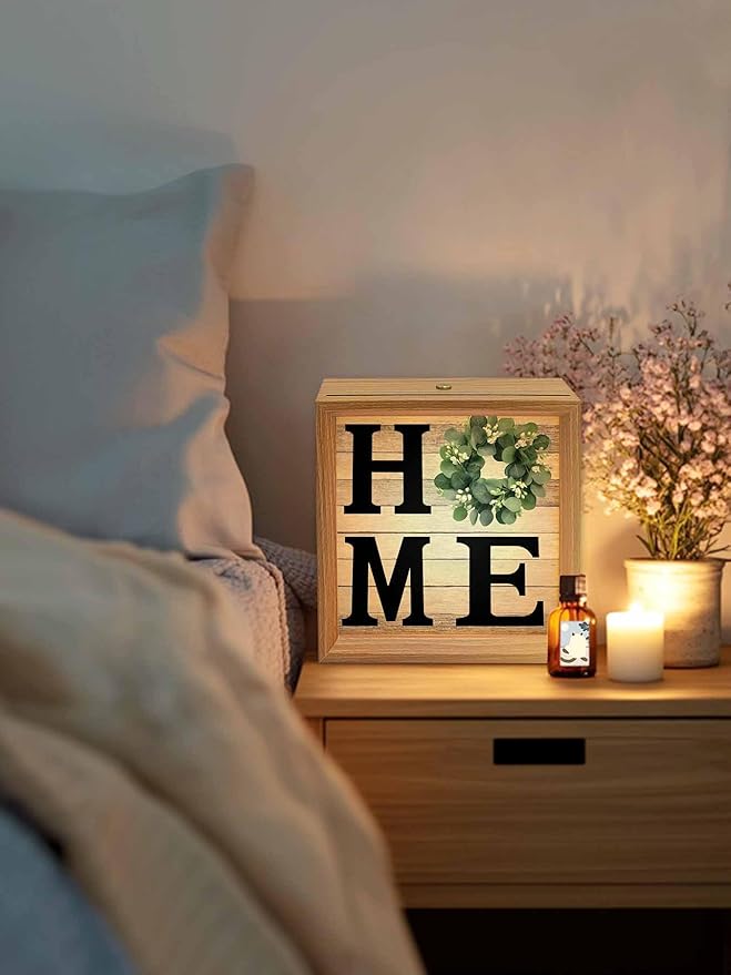 Wood Night Light Box 6.5x6.5in,Home Green Eucalyptus Wreath Table Lights Wooden Picture Frame with USB Rechargeable Touch LED Lights for Home Decor Desktop Display,Farm Vintage Wood Board