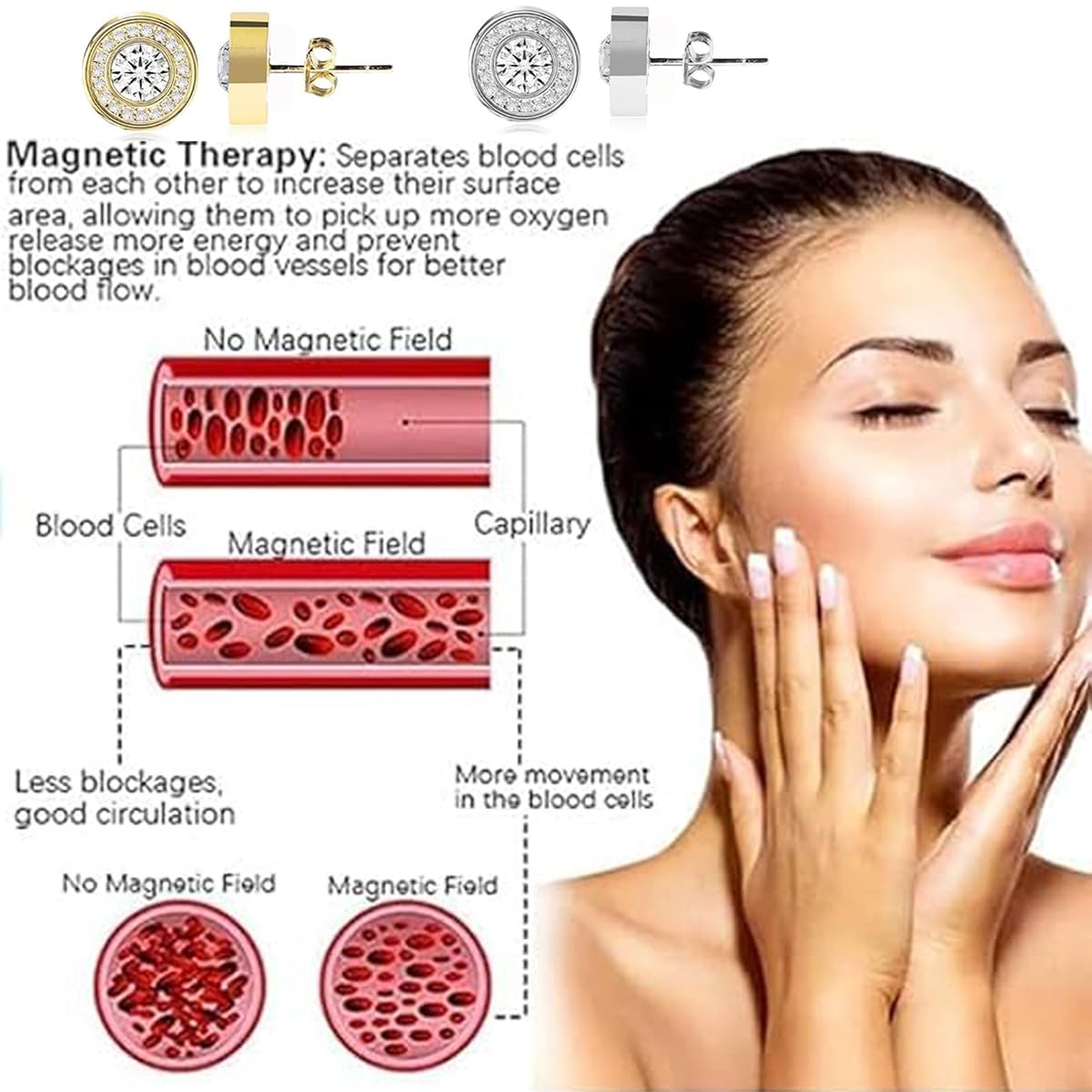 Lymphatic Magnetology Earrings For Women, Halolux Lymphvity Germanium Drainage Therapy Infrared Bead Negative Ion Lymph Detox Earring Stud Earrings Round Rhinestone Jewelry Gift (silver)