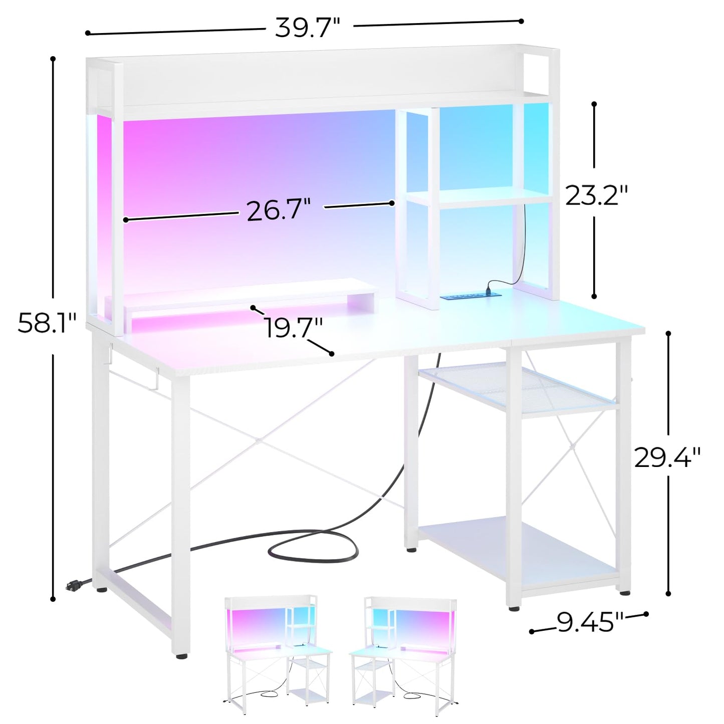 Cyclysio Gaming Desk with Hutch, 39'' Computer Desk with LED Lights & Power Outlets, Home Office Desk with Reversible 5 Tiers Storage Shelves & Monitor Stand, Small Gaming Table for Small Space, White
