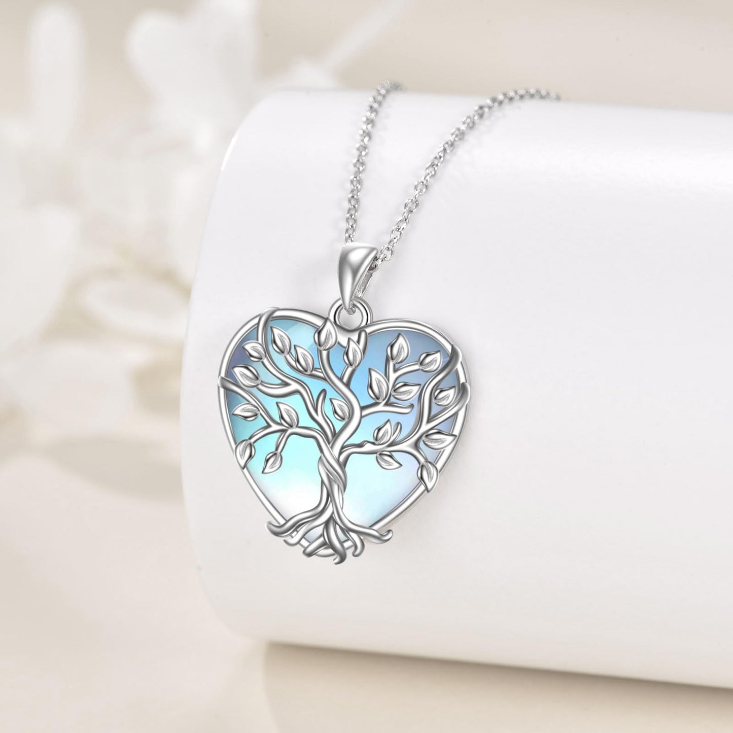 YAFEINI Moonstone Tree of Life Pendant Necklace - 925 Sterling Silver Heart Jewelry for Women