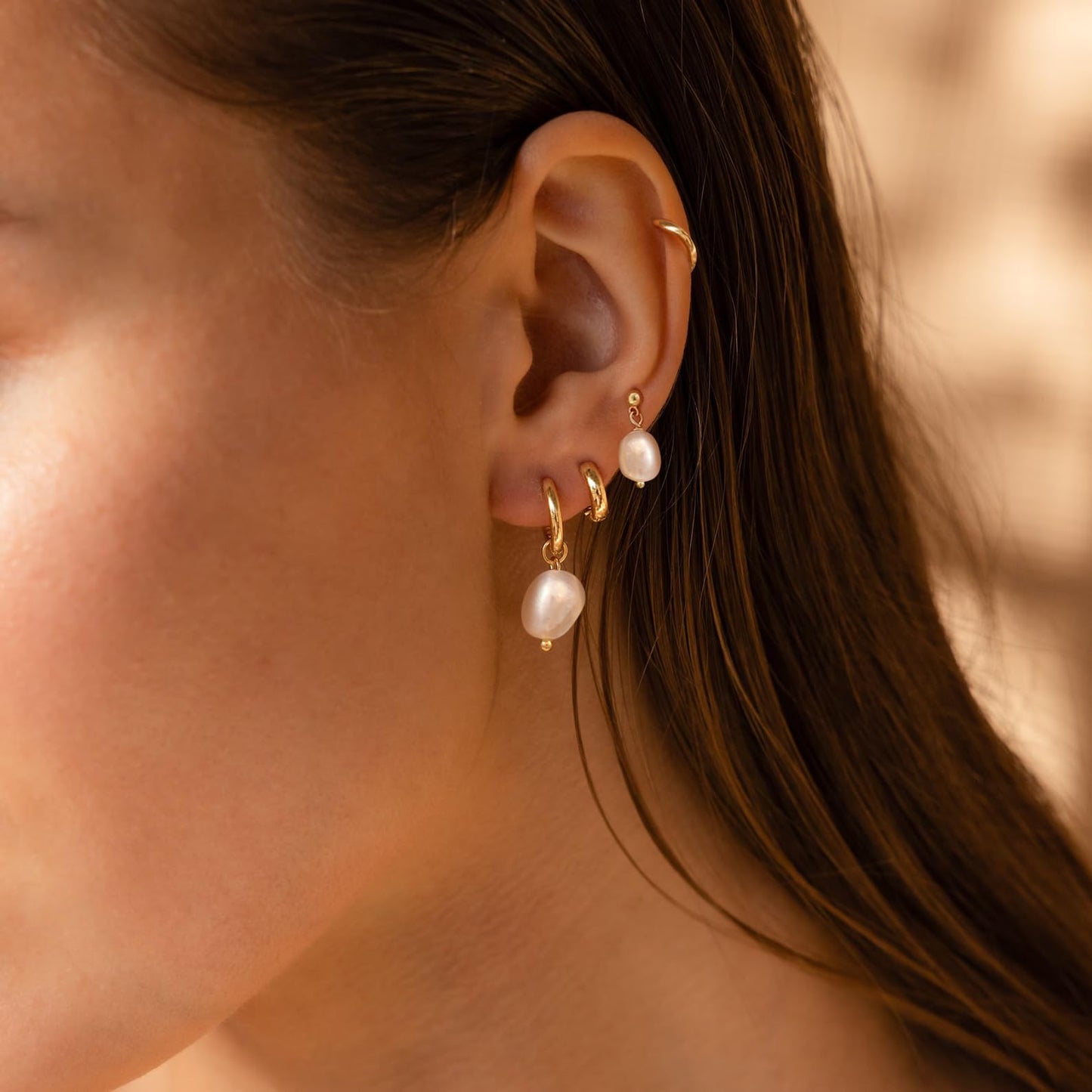 Moodear Trendy Pearl Drop Hoop Earrings for Women - Dainty 14K Gold Plated Small Dangle Baroque Pearls Stud Hoops Hypoallergenic Earring Sets for Multiple Piercing