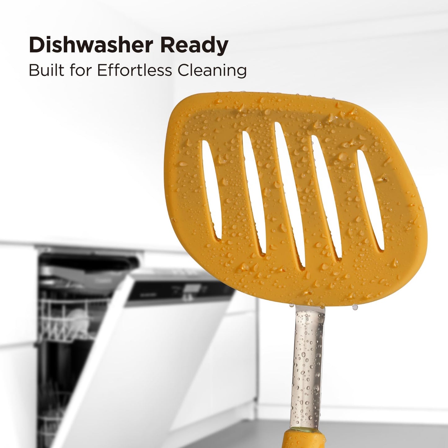 Kitchen Mama WaltzGrip Platinum Silicone Pancake Spatula Turner: Heat-Resistant, Slotted Tapered Head, Stainless Steel Core, Durable, Dishwasher-Safe, Ideal for Flipping and Wok Use (Yellow)