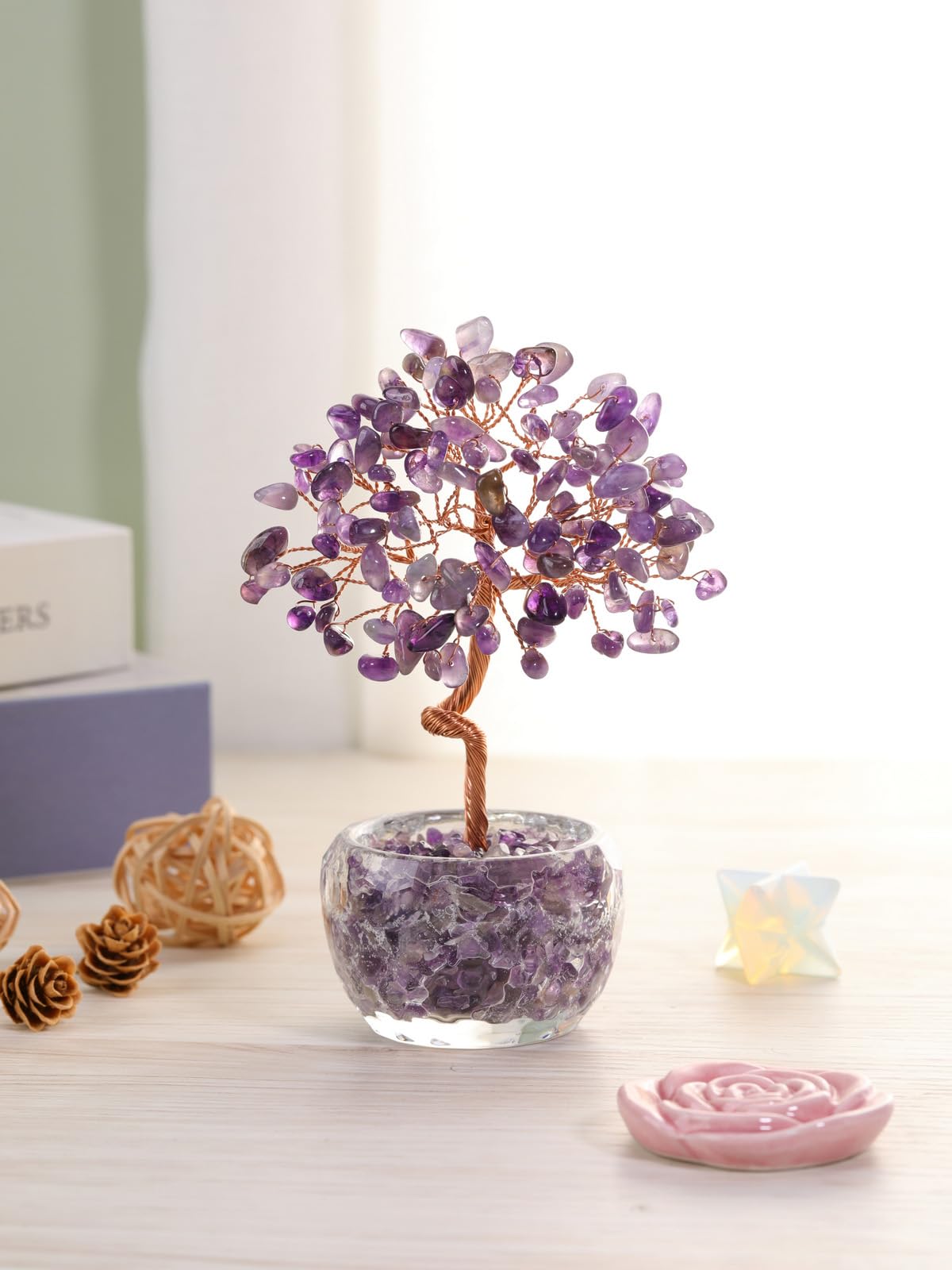 Top Plaza Healing Crystals Amethyst Crystal Tree with Glass Base Handmade Natural Gemstone Life Tree Mini Bonsai Money Trees Good Luck Home Office Desk Decor