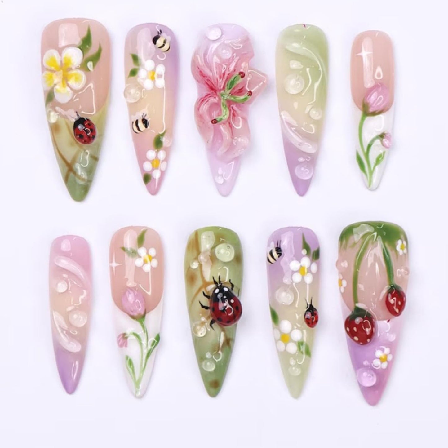 24Pcs 3D Floral Press on Nails Almond Shape Spring Cute Fake Nails with Bee Ladybug Design French Tip Acrylic False Nails Medium Length Reusable Stick on Nails Full Cover Artificial Nails for Women