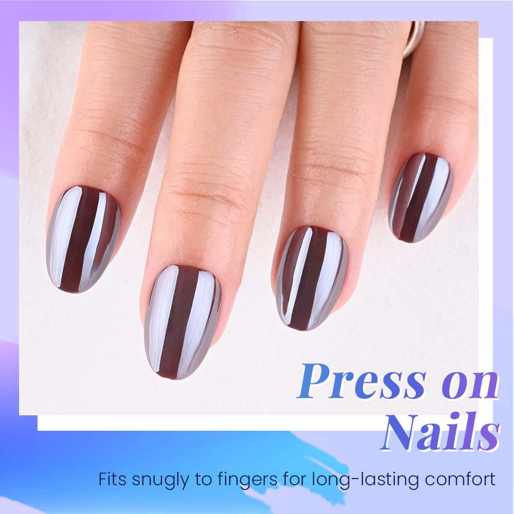 evpct Dark Brown Glazed Press on Nails Short Oval, Extra Short Chrome Metallic Aurora Stick on Nail for Women, Reusable Full Cover Soft Press on Fake Nail Perfectly Fit