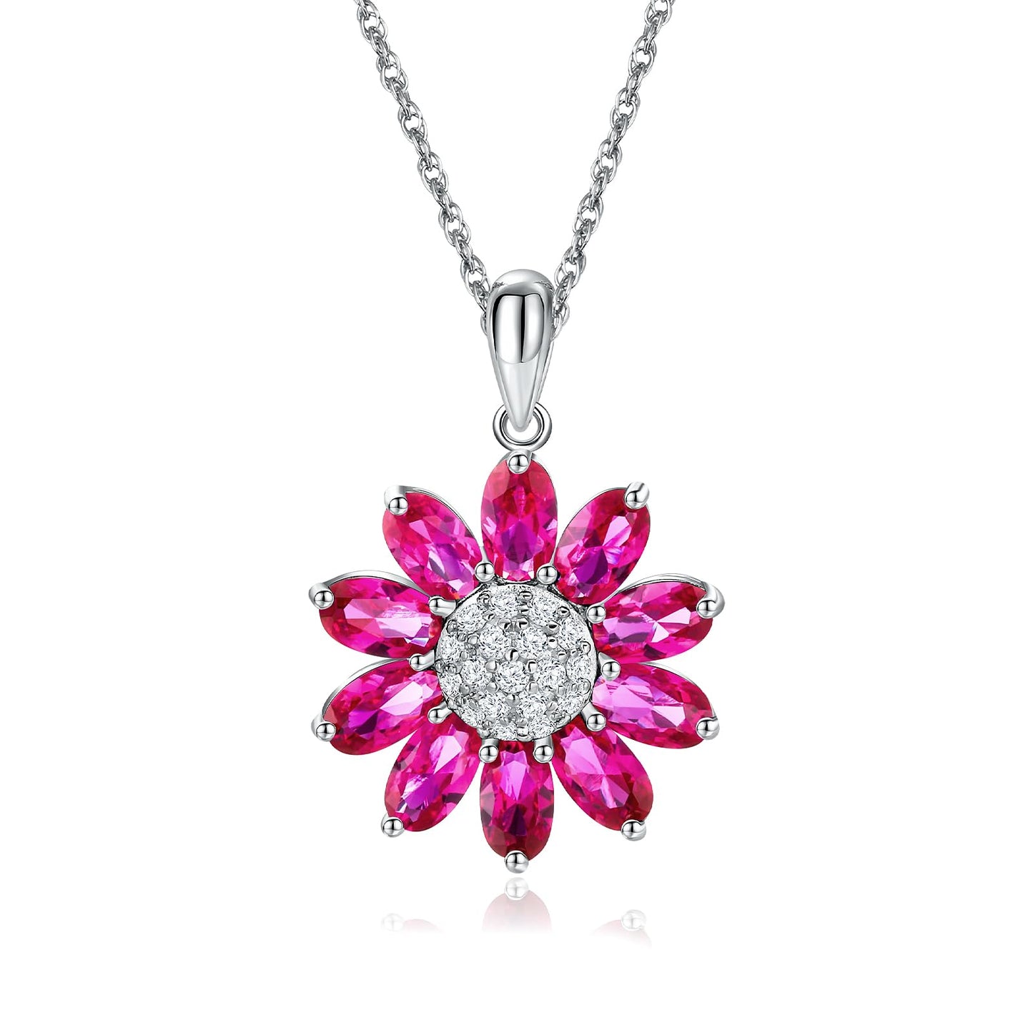 RANDES July Birthstone Necklace Ruby Sunflower Necklaces for Women 925 Sterling Silver Dainty Red Stone Pendant Necklace