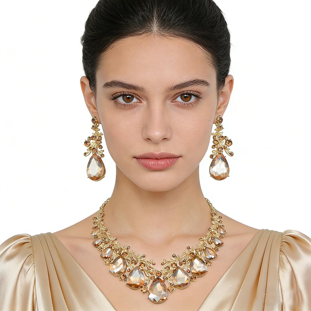 Qlavoca Vintage Crystal Teardrop Necklace Earrings Set - Gothic Statement Jewelry for Wedding Bridal Prom Party(Champagne)