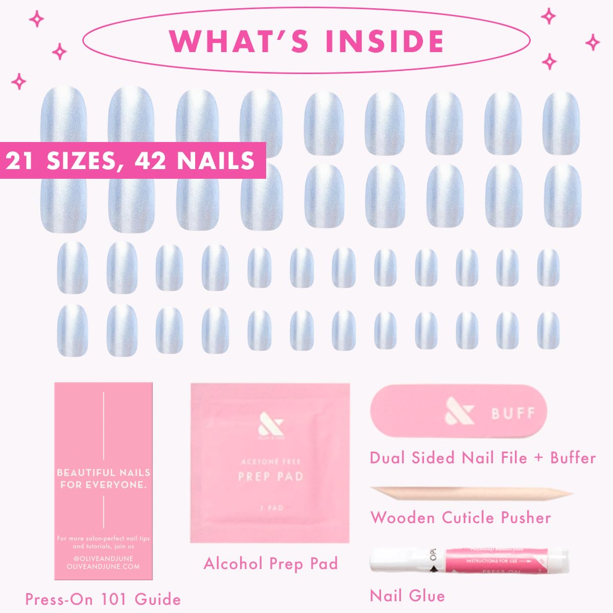 Olive & June Maximalist Instant Mani Press-On Nails (Glue) | 42 Fake Nails, 21 Sizes | Non-Toxic, Long-Lasting Big, Bold Gorgeous Realistic Look | Salon-Quality at Home | Short, Round | Sky Chrome