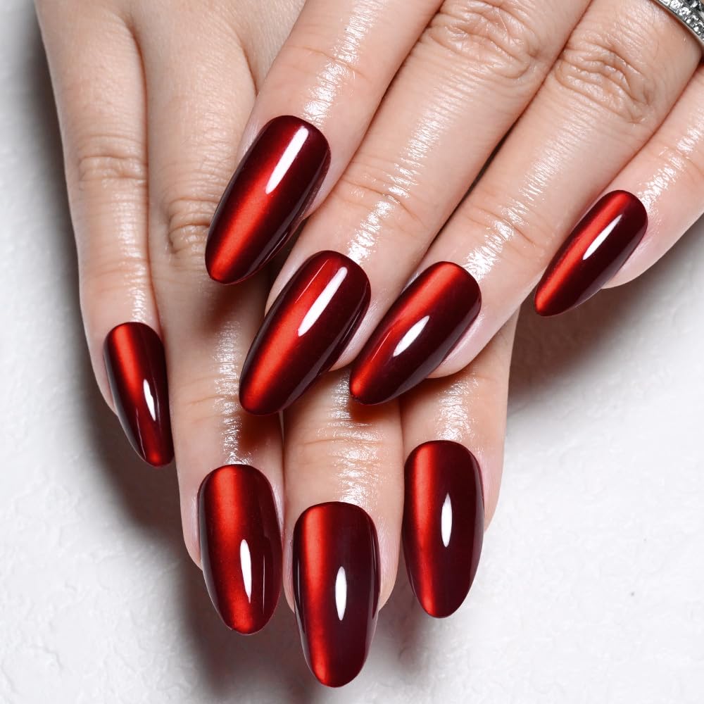 evpct Ruby Red Cat Eye Chrome Press on Nails Almond Medium with Design, Red Holographic Medium Almond Stick on Fake Nails for Women, Glossy Cat Eye Effect, Perfectly Fit Salon-quality Soft False Nail