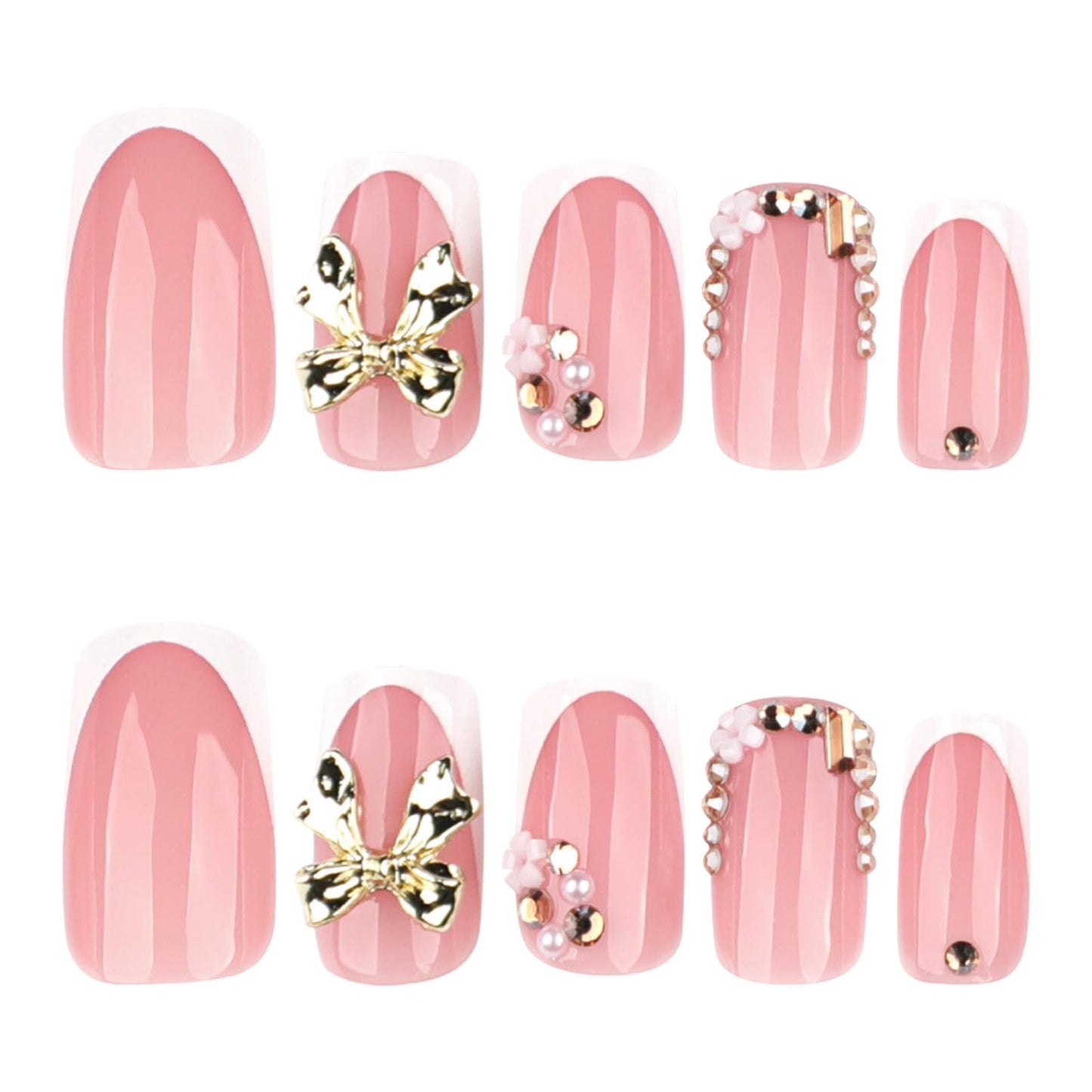 24Pcs Bow Press on Nails White French Tip Fake Nails Short Nail Press ons with Rhinestone Flower Design Square Stick on Nail for Women Manicure 24Pcs