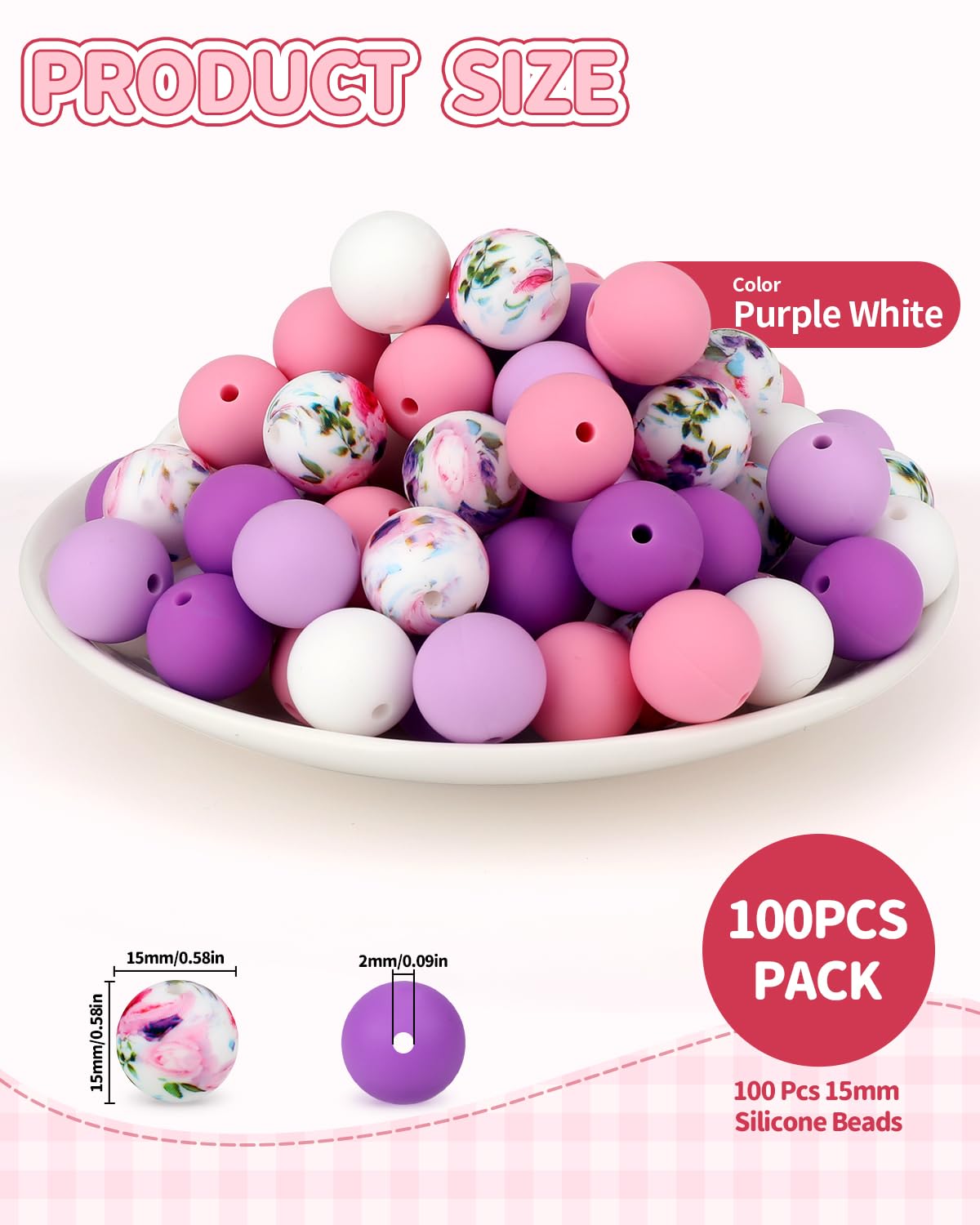 SALUOKE 100 Pcs 15mm Silicone Beads for Keychain Making, Purple White Silicone Beads Bulk Round for Bracelets Pens Crafts Jewelry Making (Purple White)