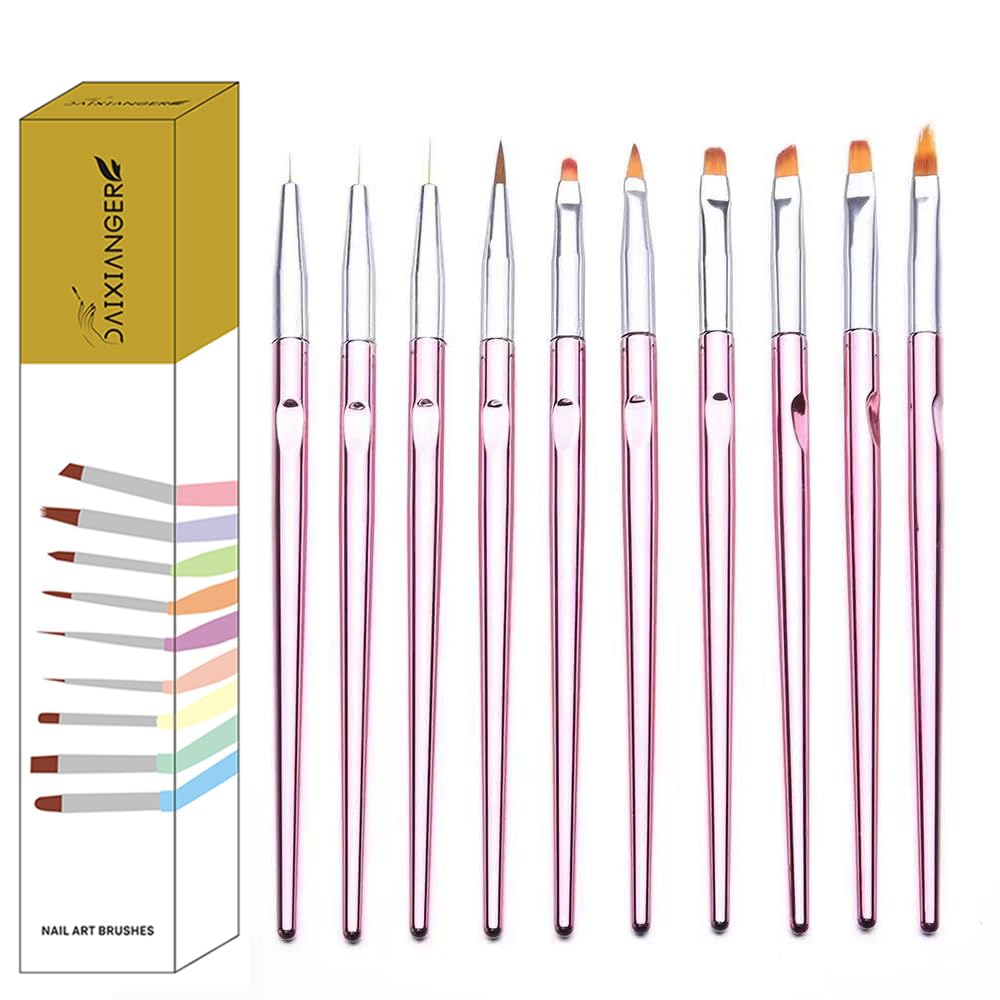 DAIXIANGER 10Pcs Pink Nail Art Brush Set, Professional Liner, Builder Gel & French Tip Brushes for Salon & DIY Manicure, UV Gel Application Tools for Precision Detail, Nail Extension & Ombre Designs