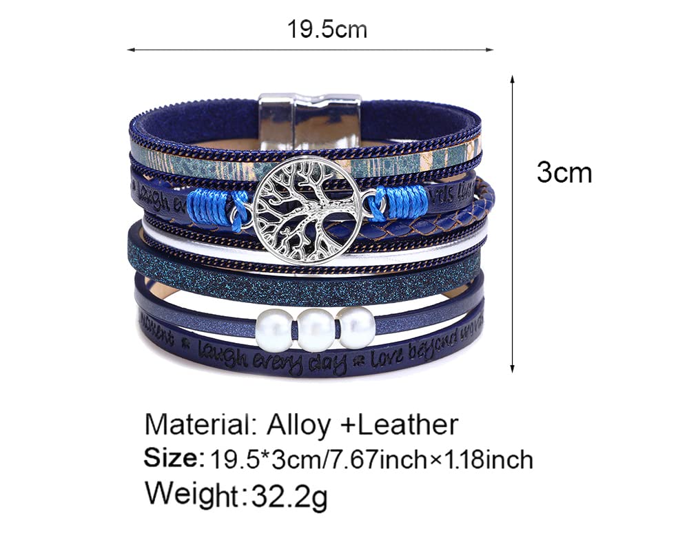Fesciory Leopard Bracelet for Women, Boho Leather Wrap Multi-Layer Pearl Crystal Bracelet Bangle Jewelry(Tree of Life(Blue))