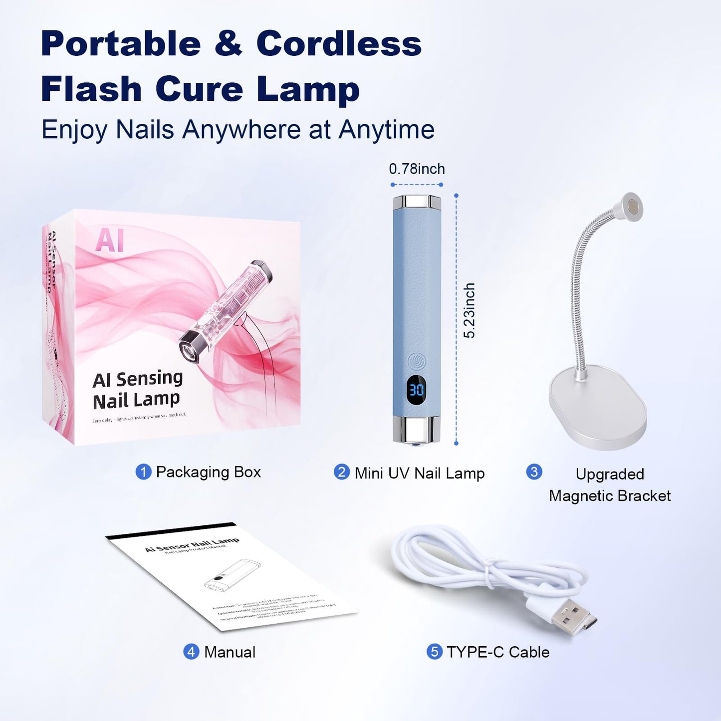 Lynsalene Mini UV Nail Lamp, Portable Flash Cure Light with Upgraded Magnetic Stand & Smart Sensor - Rechargeable Nail Dryer Fast Curing Gel Nails at Salon,Home & Travel (Blue)