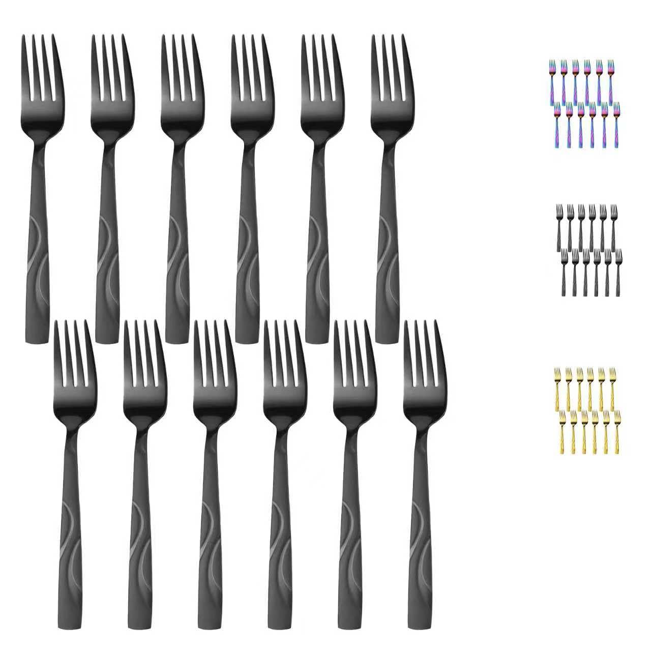FONGDANLAITE 12 Piece Stainless Steel Black Salad Fork Set, 7.1 Inch Dessert Forks with Unique Satin Finished Handle Design - Dishwasher Safe