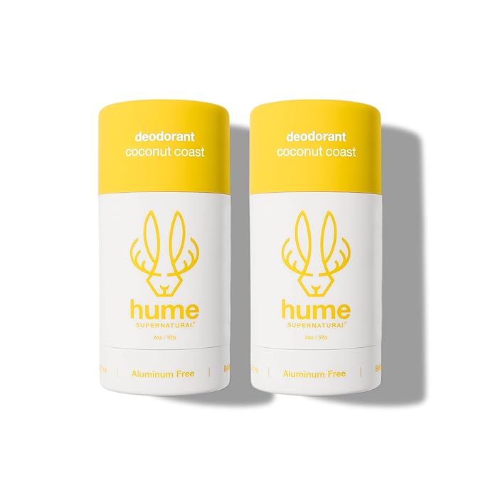 Hume Supernatural Aluminum Free Deodorant for Women & Men - Safe for Sensitive Skin - Probiotic, Plant-Based, Baking Soda Free, Aloe, & Cactus Flower, Anti Sweat, Stain & Odor - Coconut Coast 2-Pack