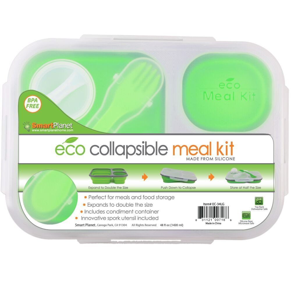Smart Planet EC-34 Large 3-Compartment Eco Silicone Collapsible Meak Kit Lunch Box, Green