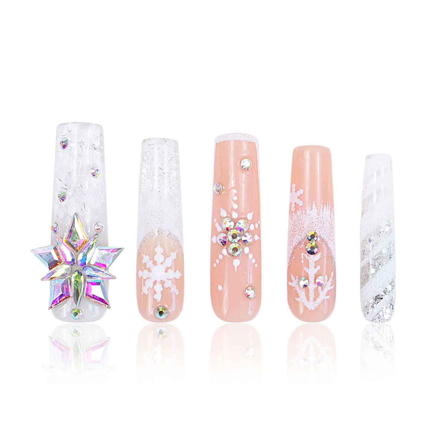 LOVFUL Press on Nails Snowy Moonlight| Handmade with Full Covered Crystals | Reusable Fake Nails | Square Mid Length 1.7 in | H142-M