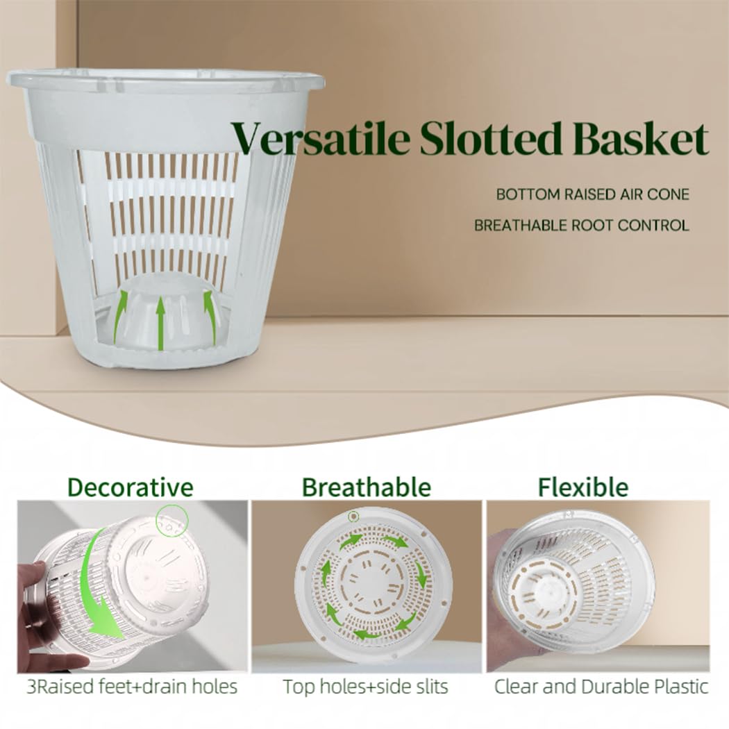 MUZHI 2 Layer Orchid Pot with Holes,Inner Clear Mesh Slotted Basket with Drain Tray 5.4”, Decorative Breathable Plastic Orchid Flower Pot for Indoor and Outdoor Phalaenopsis Growing Container White