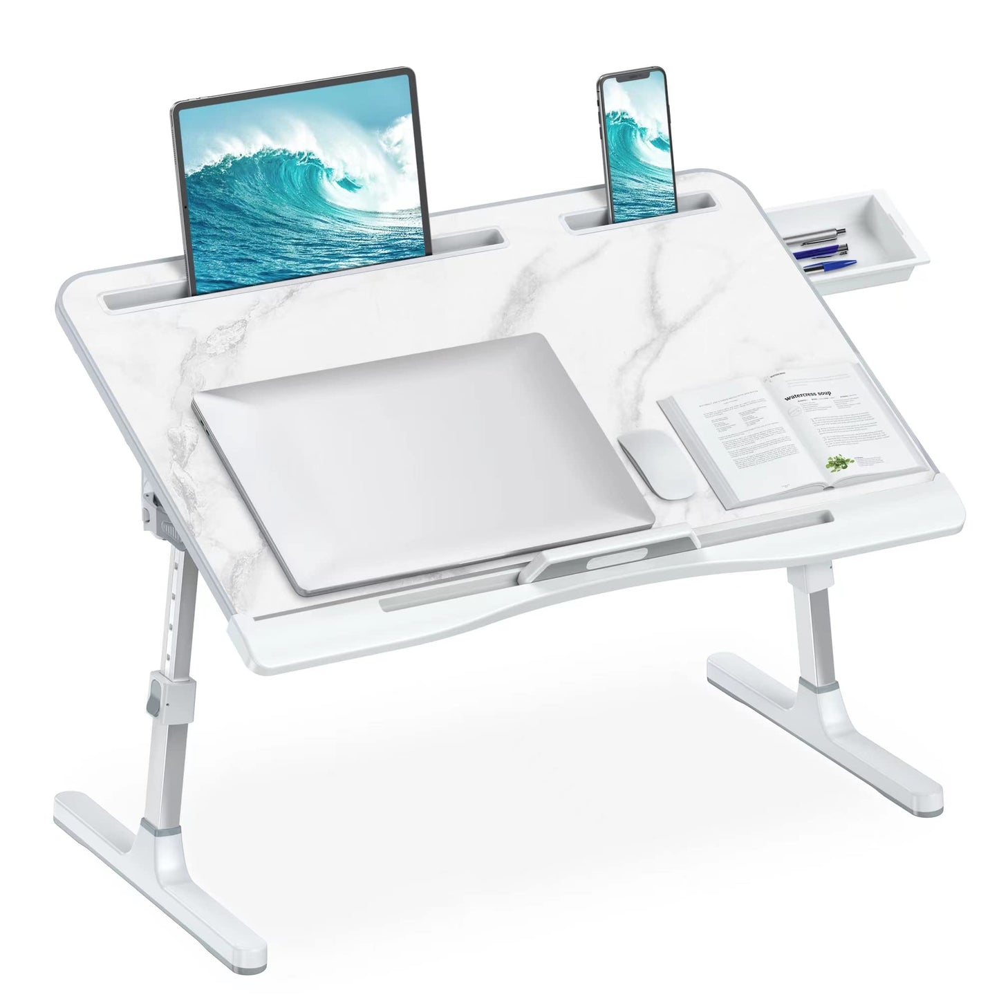 HETTHI Laptop Bed Desk, Adjustable Laptop Lap Desk with Drawer, X-Large Foldable Bed Table Tray for Bed Couch Floor Desk Writing Working Reading Eating Painting (Marble, 23.6"×15.7")