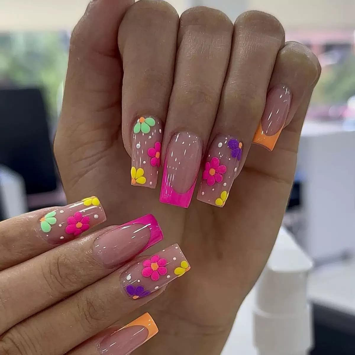 CTTHNBD Long Press on Nails Square - French Tip Fake Nails with Colorful Flower Design - Glossy Full Cover Stick on False Nails for Women - 24 Pcs