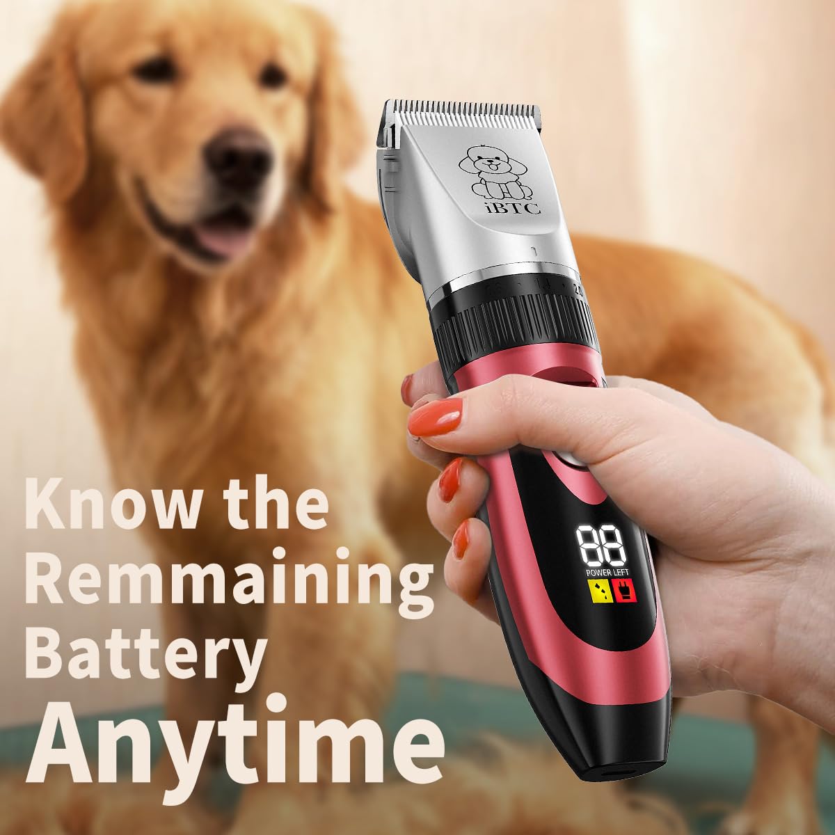 iBTC Dog Shaver Clippers Low Noise Rechargeable Cordless Electric Quiet Hair Clippers Set for Dogs Cats Pets Features a Ceramic Blade Head That is Removable (red)