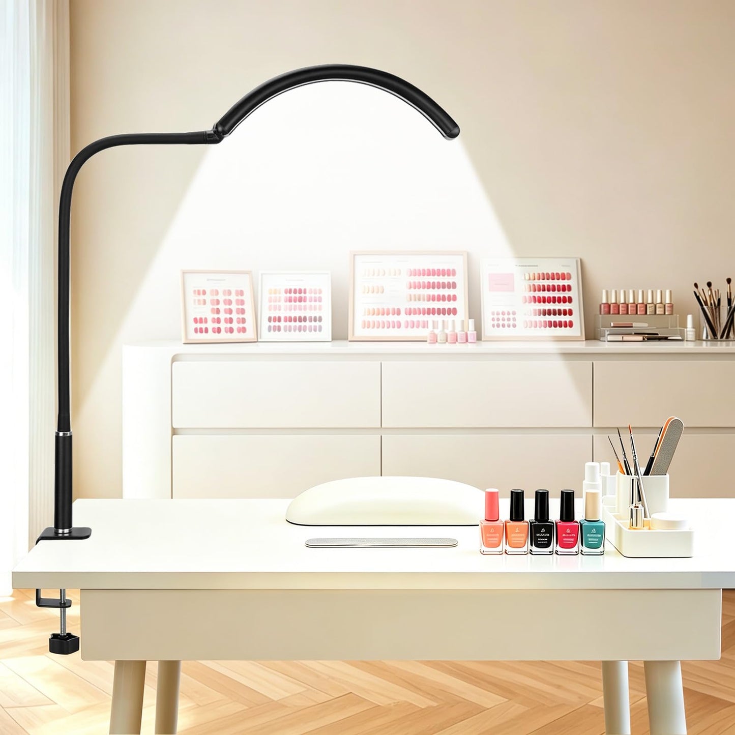 Half Moon Light for Nail Desk - Professional Shadowless LED Manicure Lamp with Clamp, 3 Color Modes & 10 Brightness Levels, Eye-Caring Beauty Lamp for Eyelash Extensions, Tattoo, Estheticians