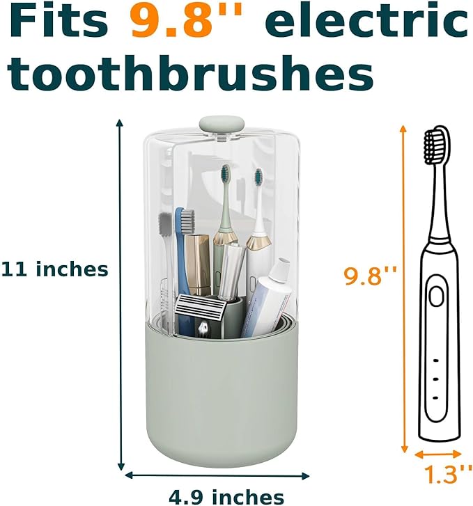 Toothbrush Holder with Cover 360 Rotating 4 Compartments Bathroom Toothpaste Electric Toothbrush Organizer, Light Green