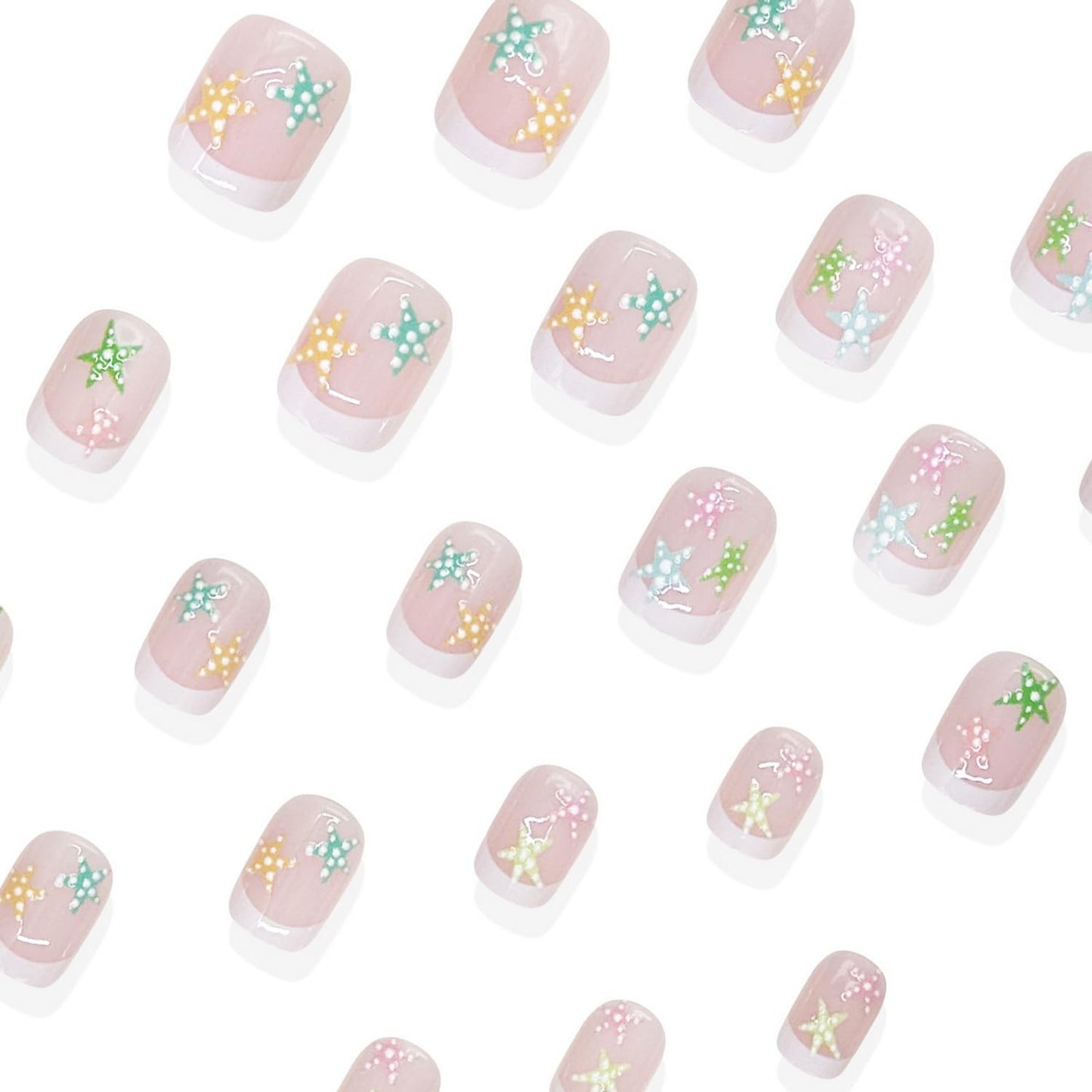 Summer Press on Nail White French Tip Fake Nails with Starfish designs Full Cover Embossed Stick on Nail Cute Glue on Nails Short Square False Nails for Women Beach 24pcs