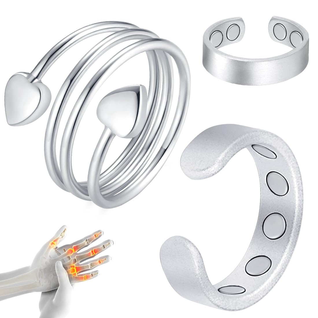 Cigmag 9X Copper Rings for Women, with Powerful Magnets, Adjustable Solid Pure Copper (Silver Matte & Heart)