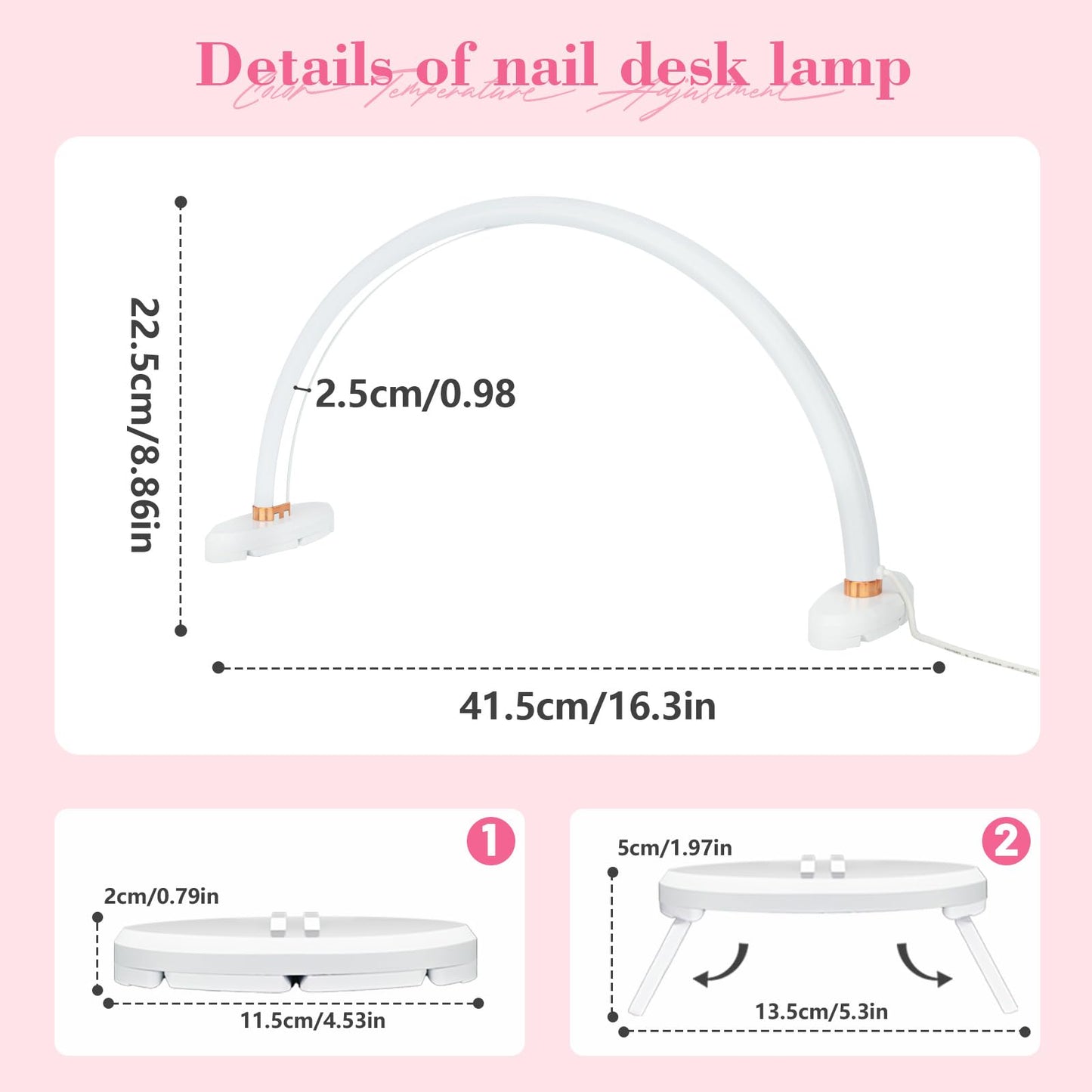 obcd Half Moon Light for Nail Desk 16 inch Nail Desk Light Half Moon Lamp Portable Arch Lamp Dimmable with Foldable Bracket for Desk Salon Table Use, 3 Color Temperature